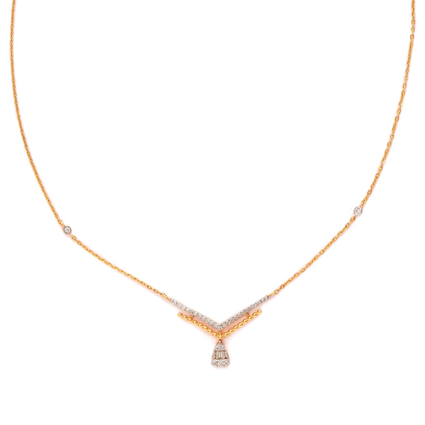 Refined gold-toned necklace featuring a sleek V-shaped design and a radiant teardrop pendant for classic charm. Grace your neckline with timeless elegance from jnjbymadhuri.