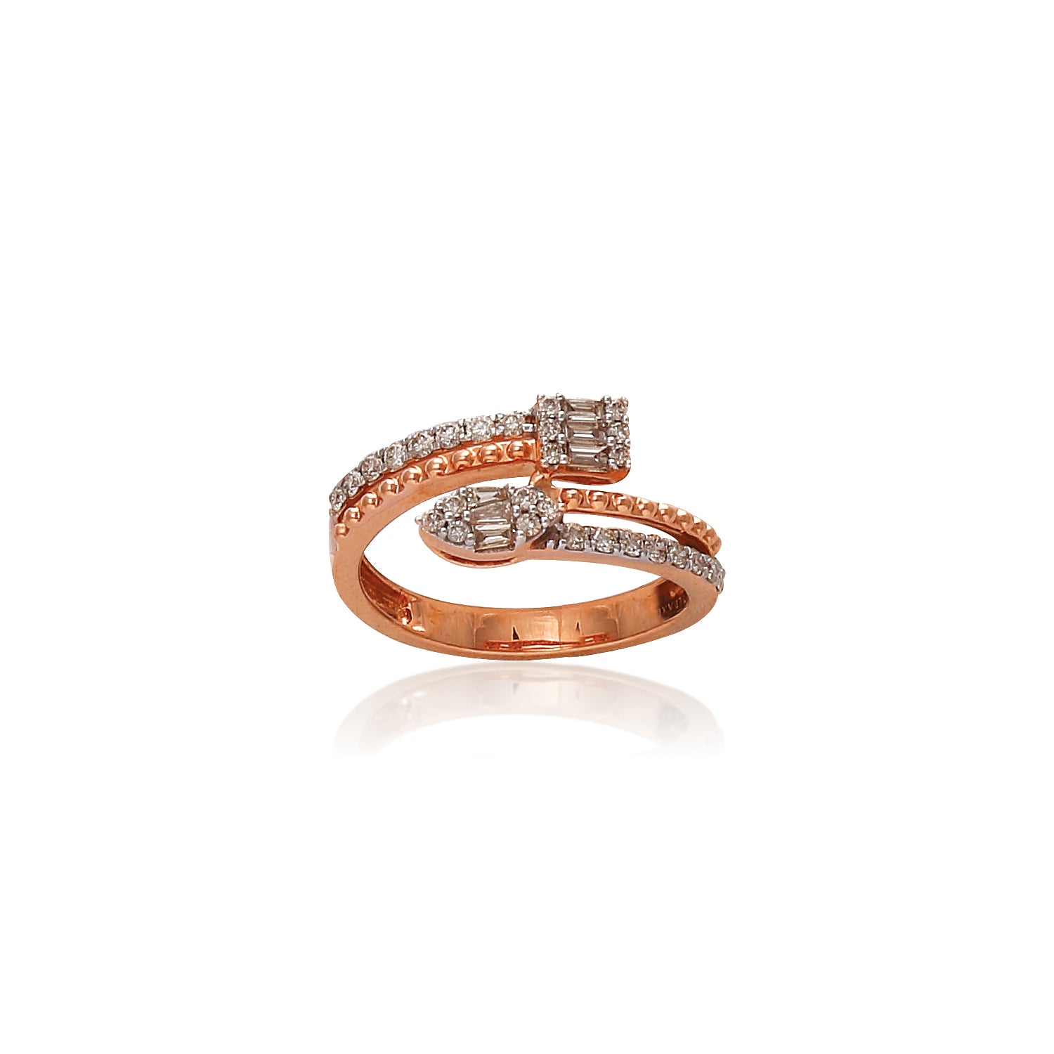 A rose gold spiral ring encrusted with sparkling diamonds, featuring a modern wrap-around design for a bold yet elegant statement. Dazzling craftsmanship exclusively by jnjbymadhuri.