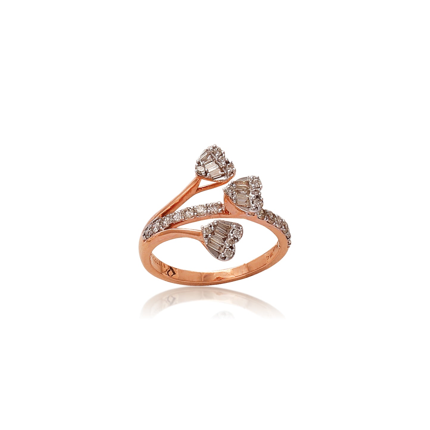 Rose gold ring featuring three heart-shaped diamond clusters on an elegant bypass band, exuding charm and sparkle. A graceful creation by jnjbymadhuri.