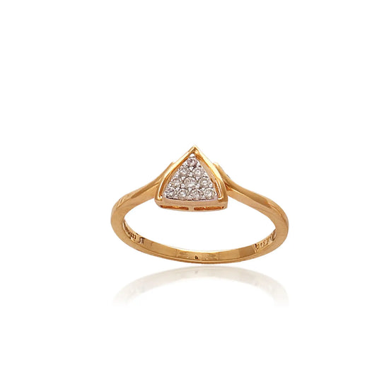 A yellow gold ring from jnjbymadhuri featuring a sleek triangular centerpiece encrusted with pavé-set white diamonds, offering a minimalist yet striking geometric design.