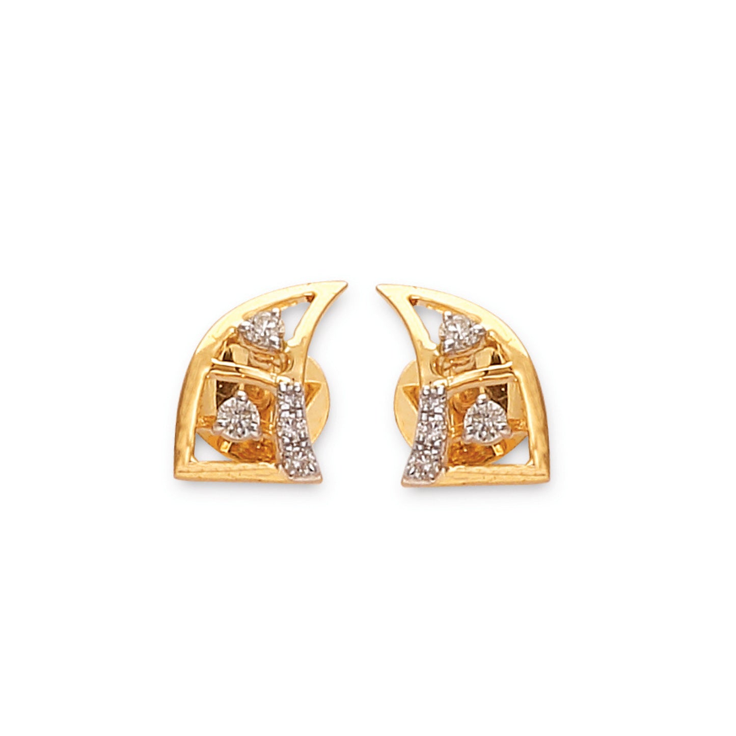 geometric gold and diamond stud earrings by jnjbymadhuri, featuring angular crescent-like shapes with diamond accents set in yellow gold, displayed on a white background.