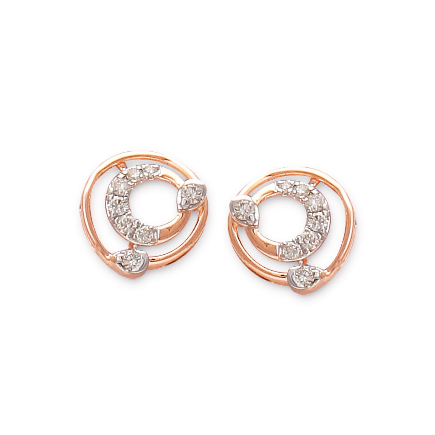 "Elegant round rose gold earrings featuring intertwined open-circle designs adorned with sparkling diamonds, displayed on a white background by jnjbymadhuri."