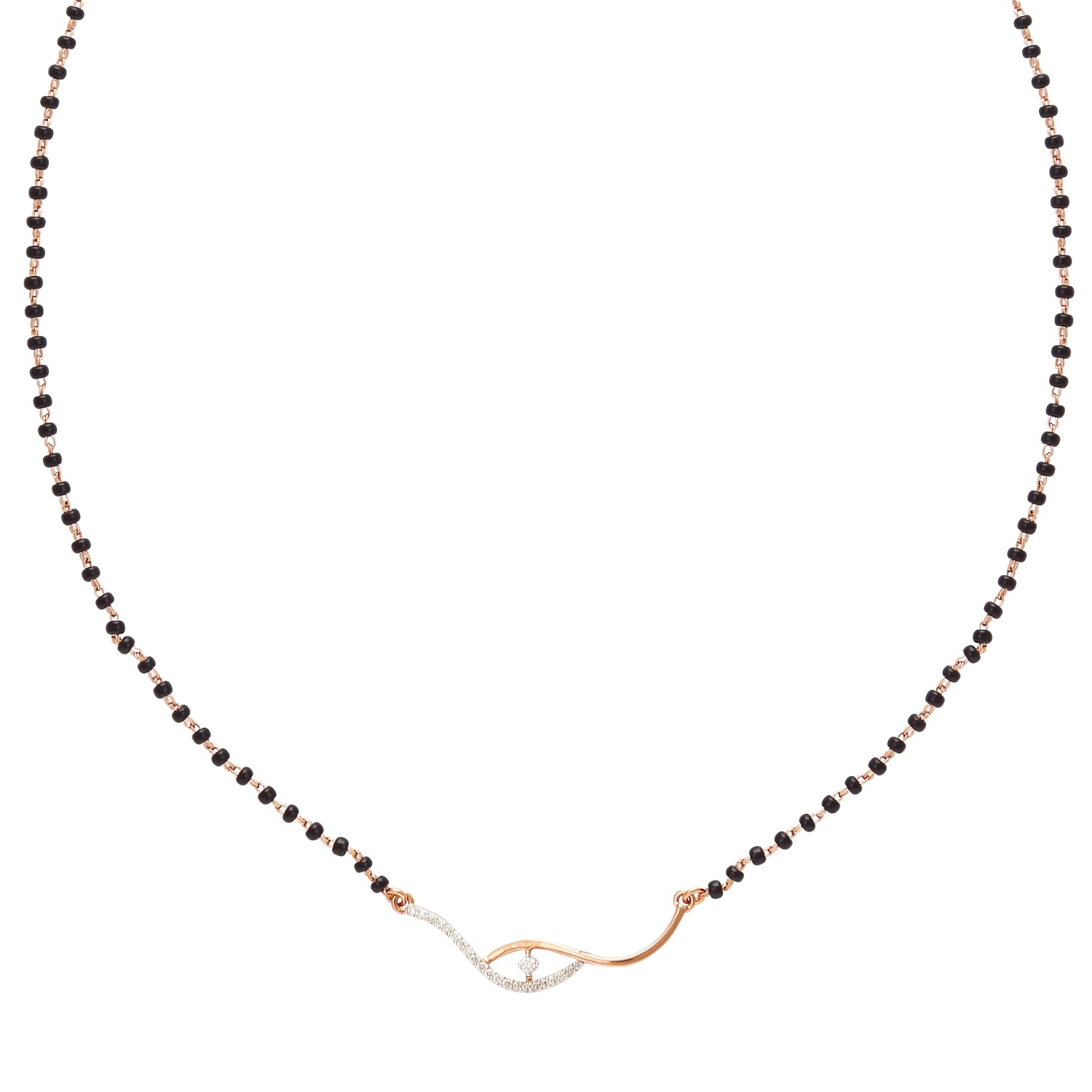 Delicate black beaded mangalsutra necklace with a minimalist gold and diamond eye-shaped centerpiece, displayed on a white background.
