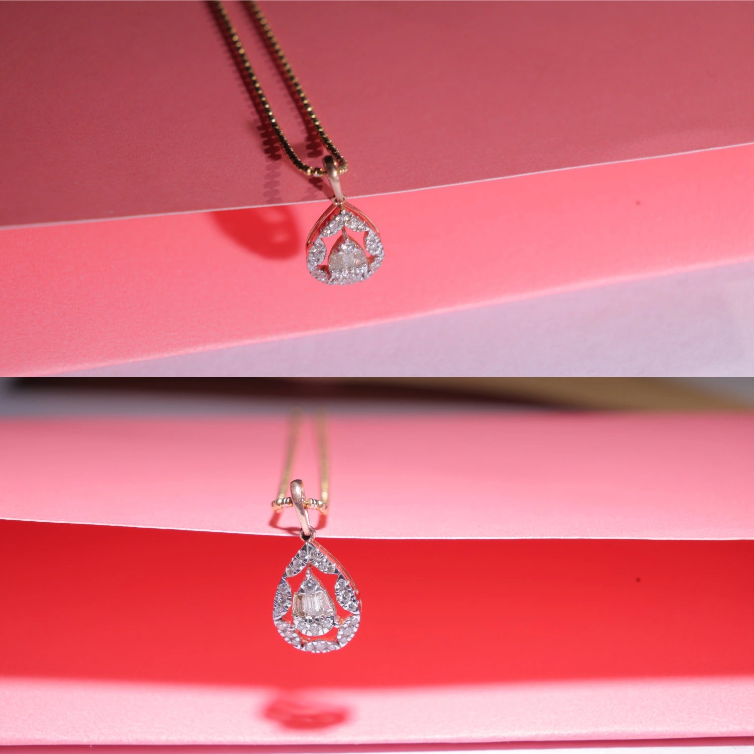 Elegant rose gold teardrop pendant necklace with diamond accents by jnjbymadhuri, artistically displayed on a pink reflective background.
