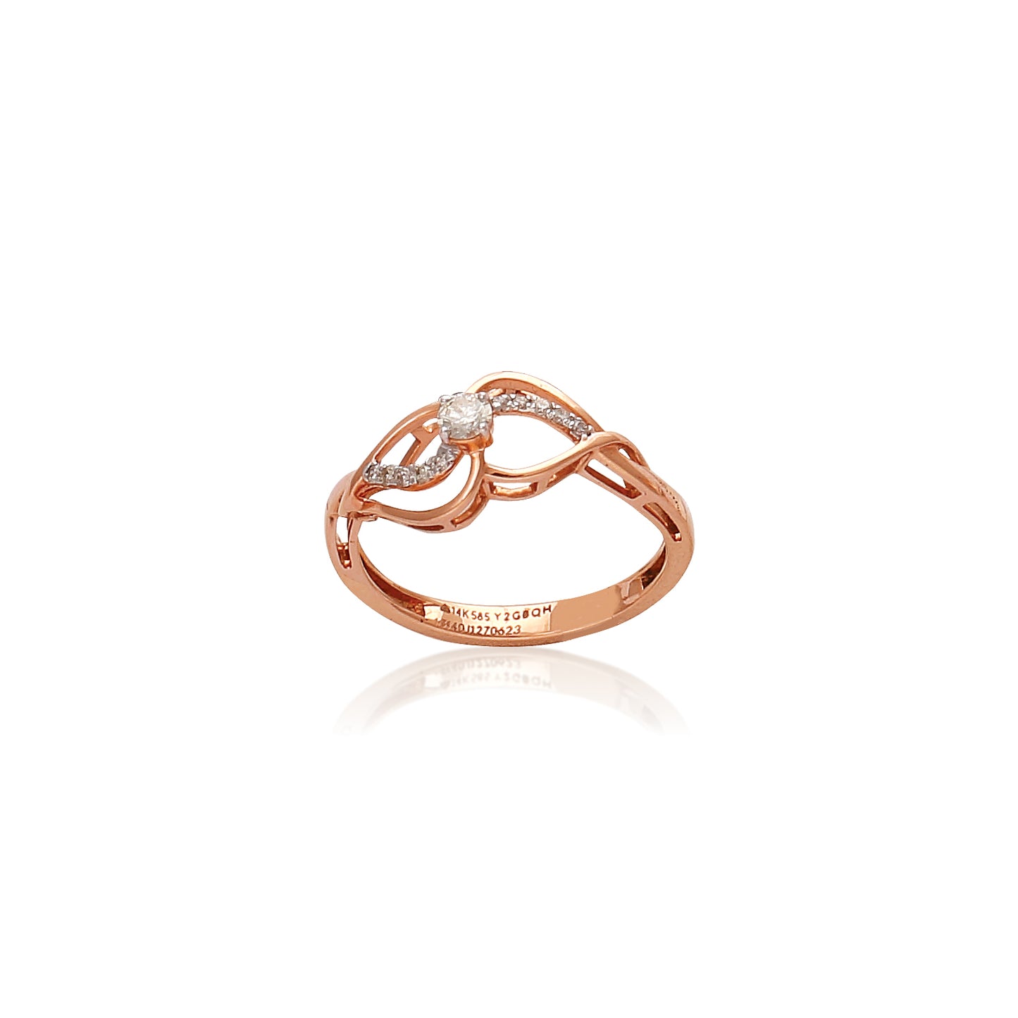 Elegant rose gold ring with a delicate, intertwined design holding a central diamond accent. A graceful and artistic creation by jnjbymadhuri for timeless charm.