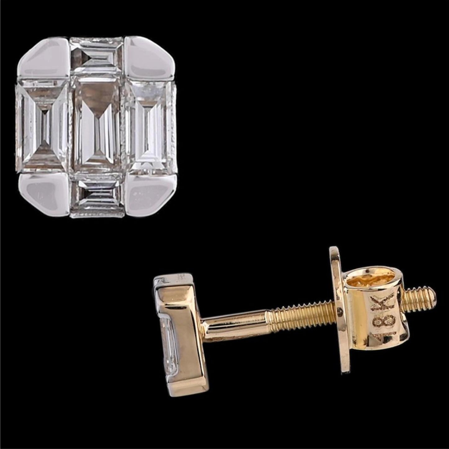 A luxurious stud earring by jnjbymadhuri, featuring a square design adorned with a trio of baguette-cut diamonds arranged vertically, bordered by sleek geometric metal accents. The front showcases a polished white gold or platinum finish, while the side view reveals a yellow gold screw-back post marked with "18K," highlighting the high-quality craftsmanship and two-tone elegance of the piece.