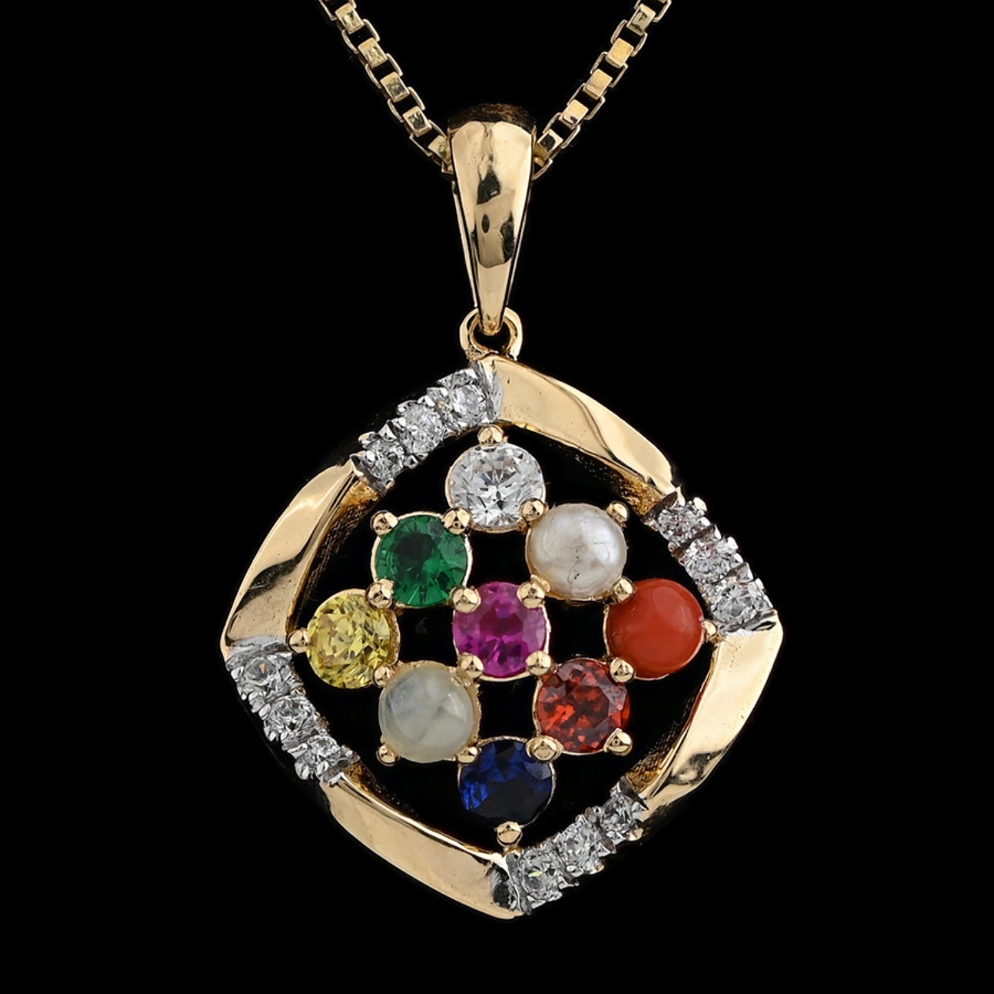 Elegant Navratna pendant by jnjbymadhuri, showcased on a gold chain, featuring a harmonious arrangement of nine vibrant gemstones set within a diamond-studded, geometric gold frame—blending spiritual symbolism with luxurious craftsmanship.