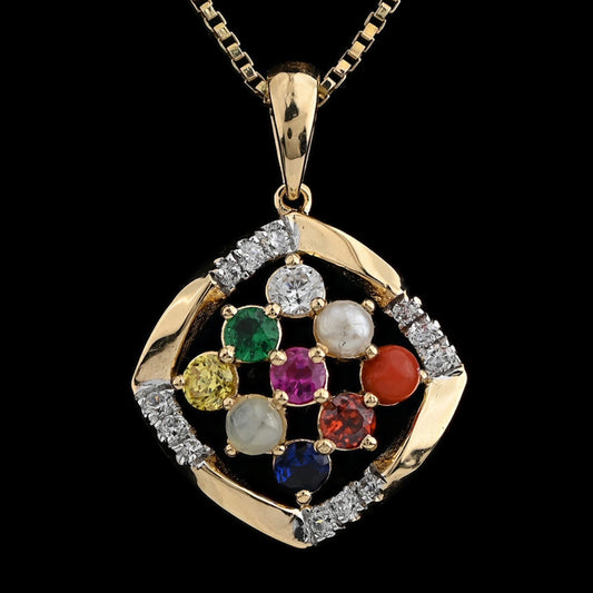 Elegant Navratna pendant by jnjbymadhuri, showcased on a gold chain, featuring a harmonious arrangement of nine vibrant gemstones set within a diamond-studded, geometric gold frameāblending spiritual symbolism with luxurious craftsmanship.