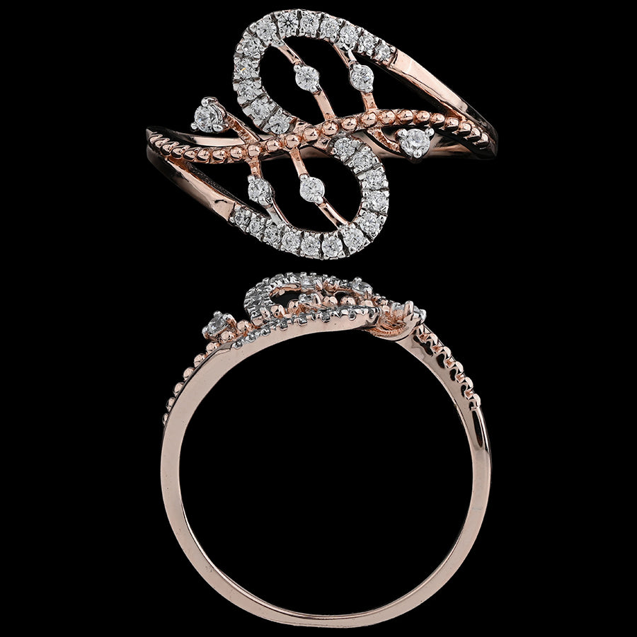 Elegant rose gold ring with an intricate S-shaped design encrusted with small diamonds, shown from top and side angles on a black background.