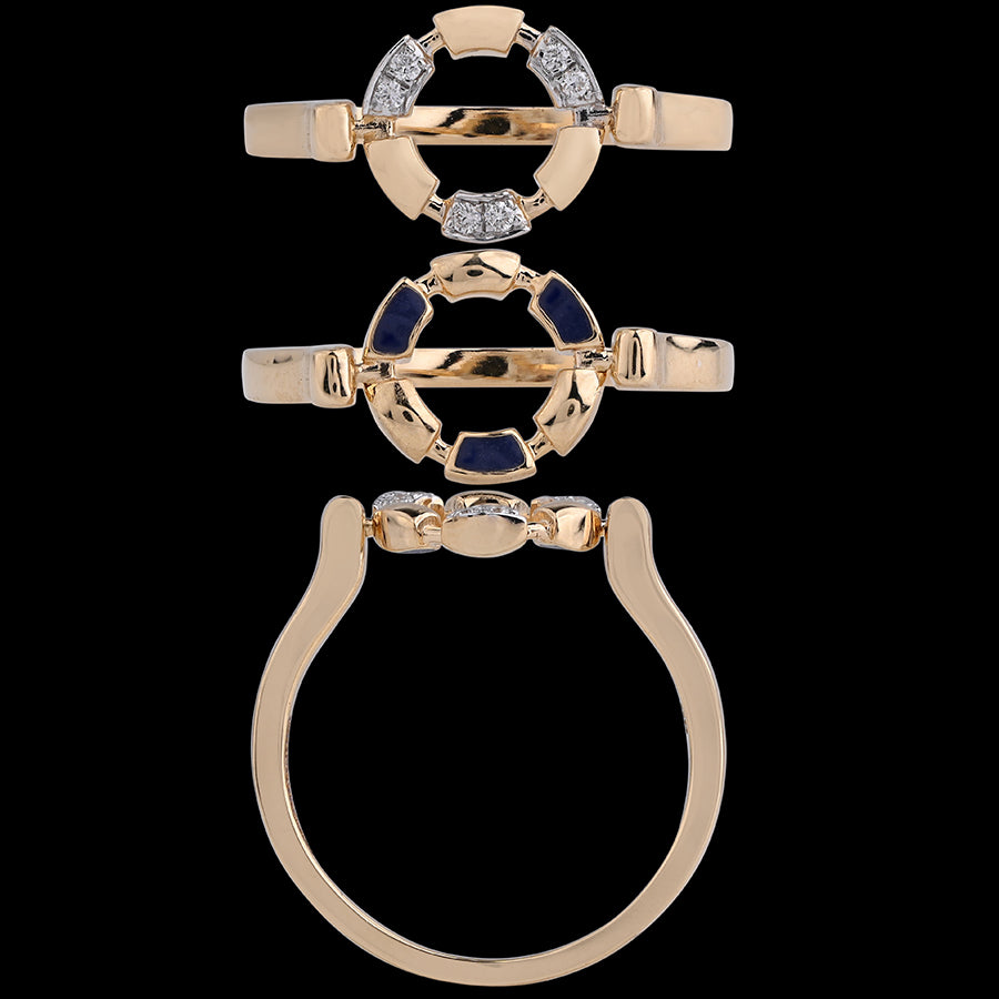 A rose gold ring from jnjbymadhuri featuring a modern open-top design with a circular motif at the center, embellished with alternating sections of deep blue sapphires and sparkling white diamonds, combining elegance with a contemporary edge.