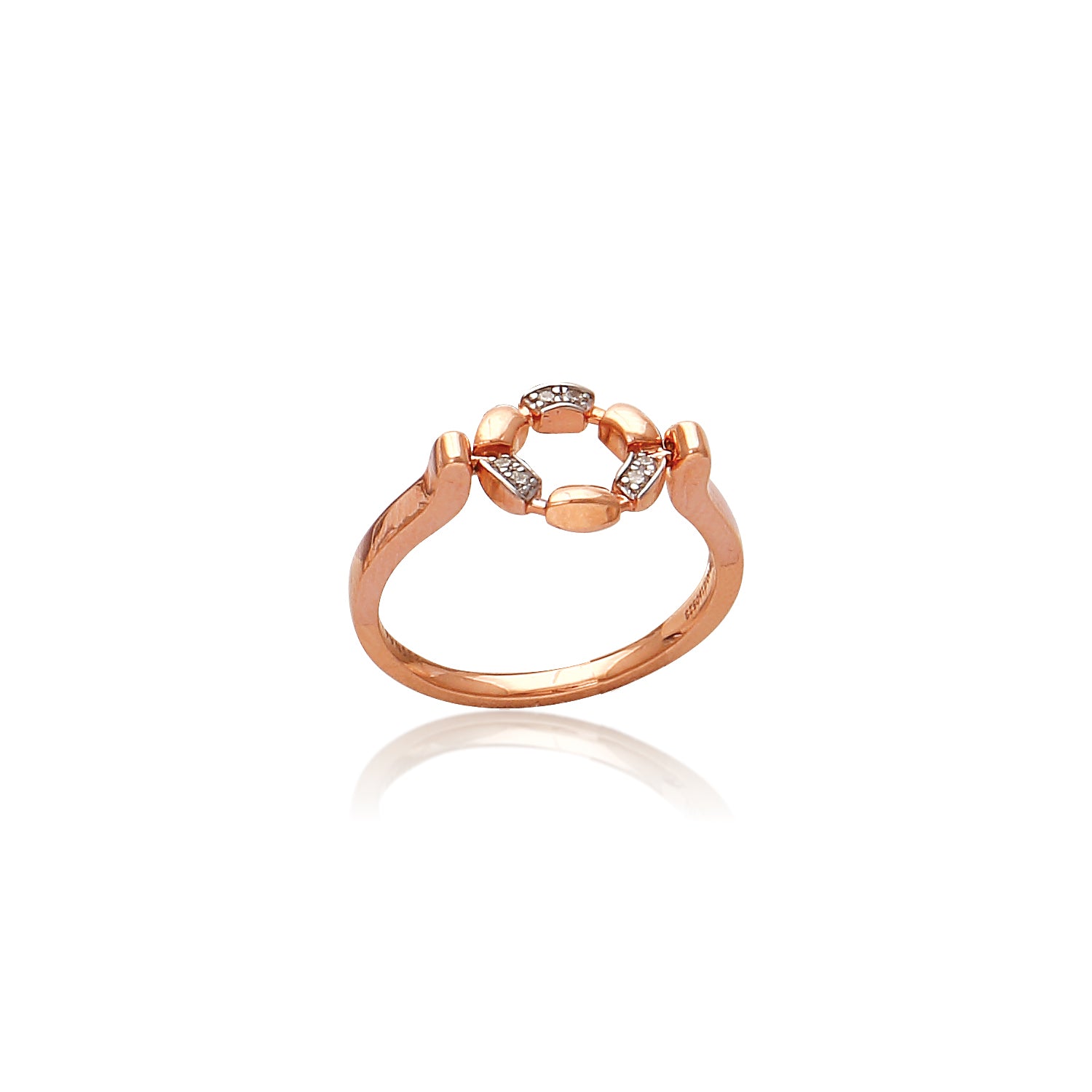 A delicate rose gold ring from jnjbymadhuri featuring a circular floral-inspired design with alternating marquise and round shapes, accented with subtle diamonds for a refined and elegant look.