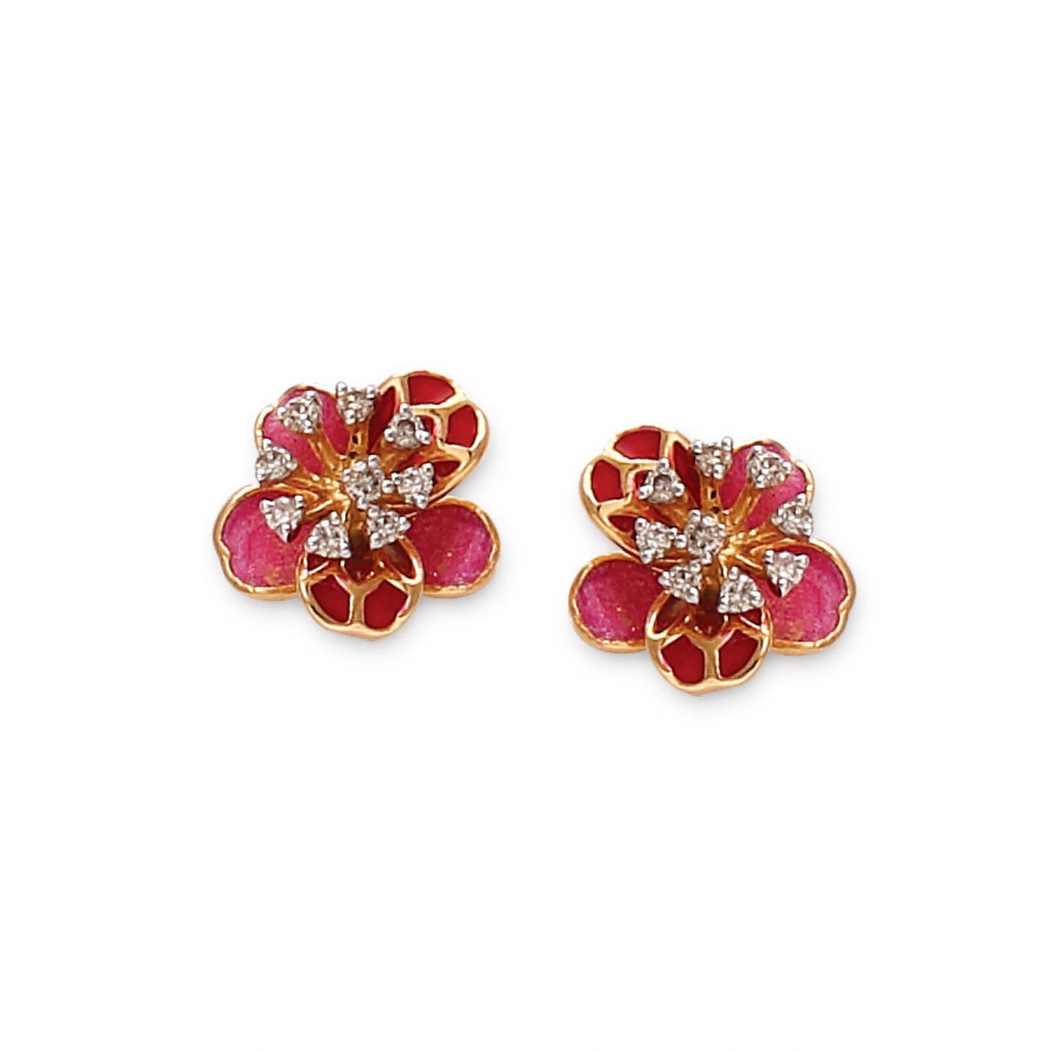 These vibrant floral stud earrings bloom with enchanting hues of pink and red, delicately adorned with sparkling stones—an exquisite statement of elegance by jnjbymadhuri.