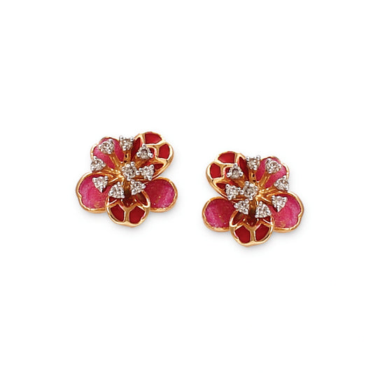 These vibrant floral stud earrings bloom with enchanting hues of pink and red, delicately adorned with sparkling stones—an exquisite statement of elegance by jnjbymadhuri.