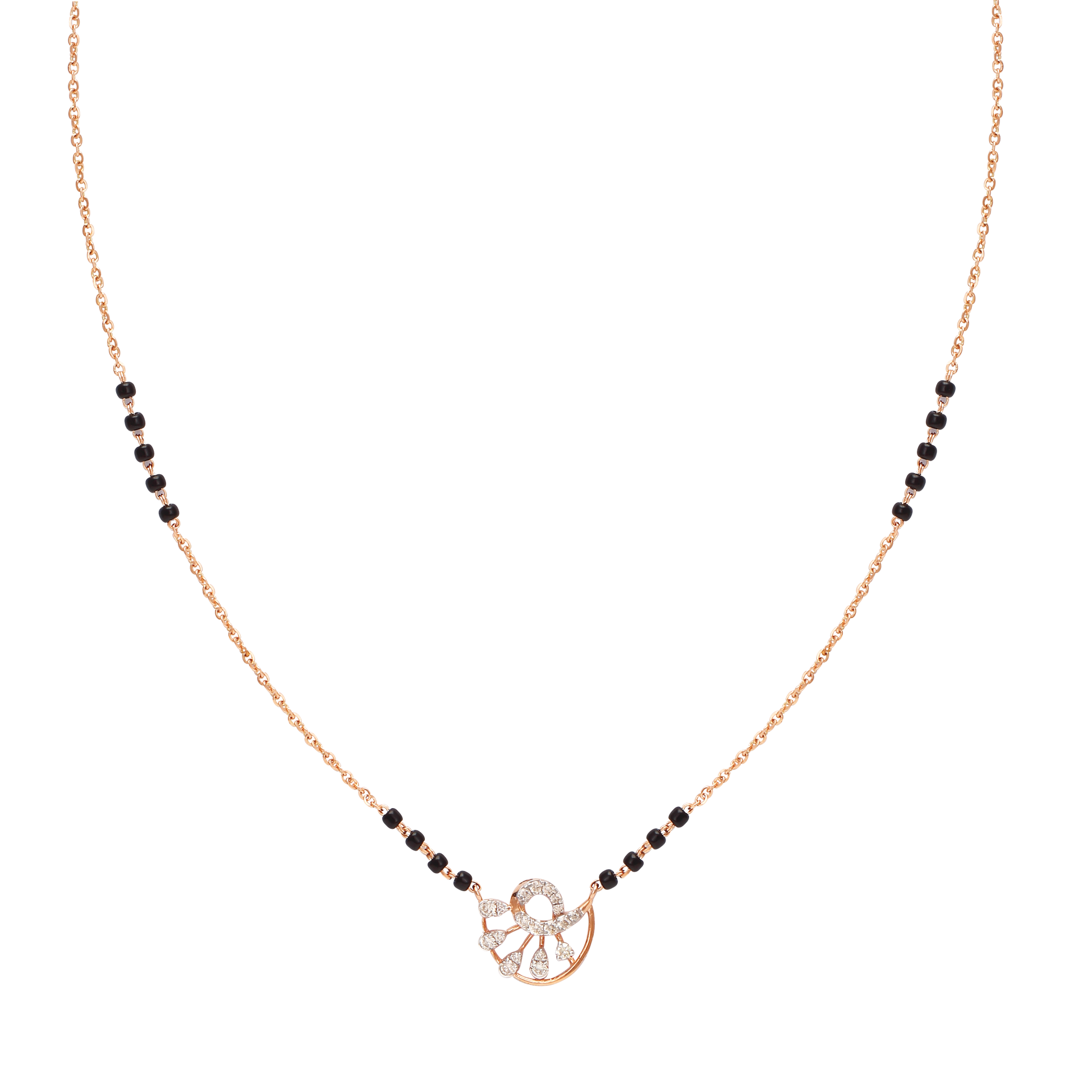 Elegant mangalsutra with a round diamond floral pendant and classic black beads on a gold chain. A timeless piece from jnjbymadhuri combining tradition with grace.