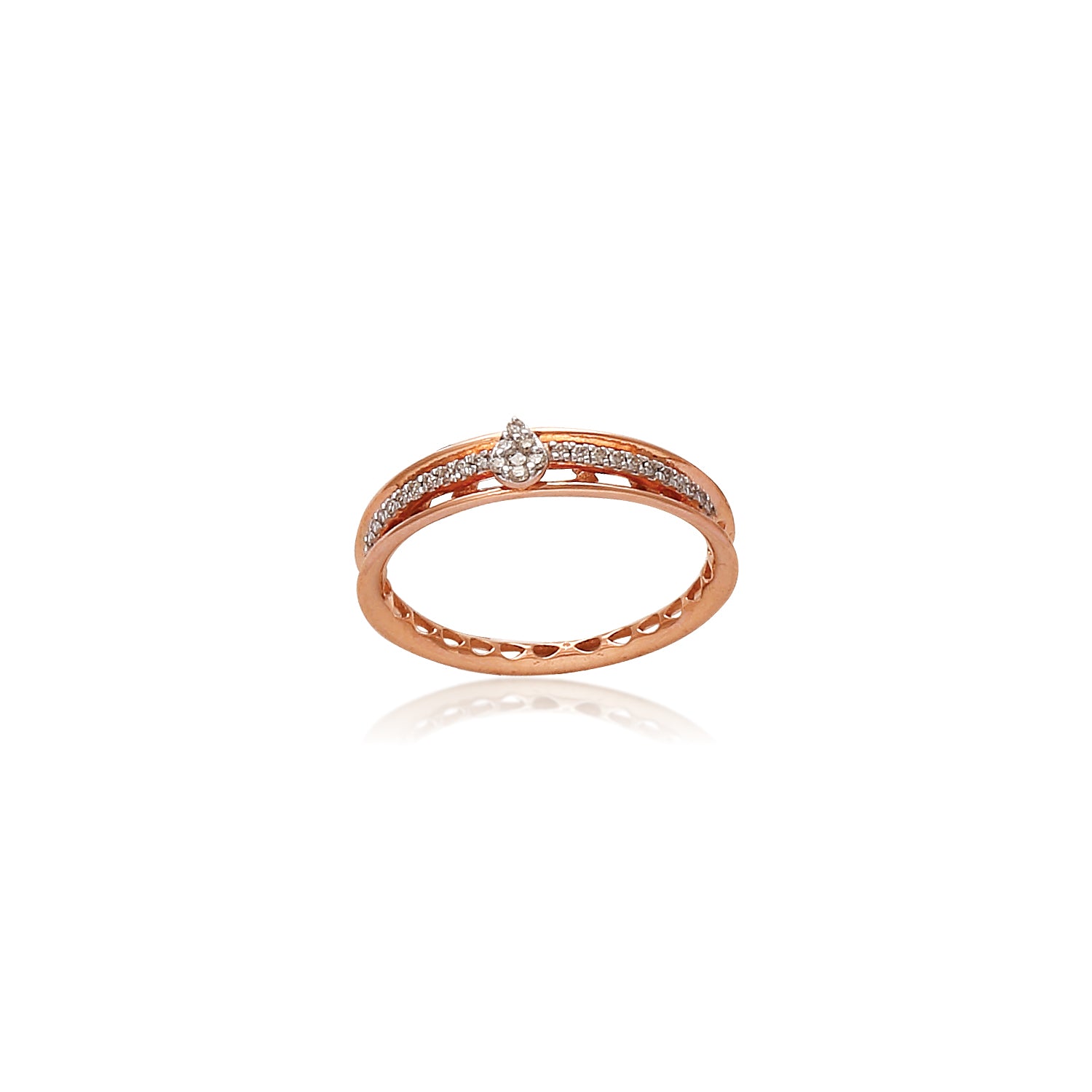 Elegant rose gold band with a single round diamond centerpiece, complemented by a delicate lined texture. Timeless sophistication by jnjbymadhuri.