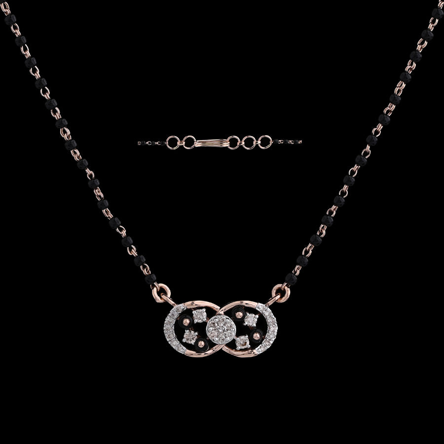 Elegant mangalsutra by jnjbymadhuri featuring an infinity symbol pendant embellished with square and round stones, attached to a traditional black beaded chain with adjustable clasp links.