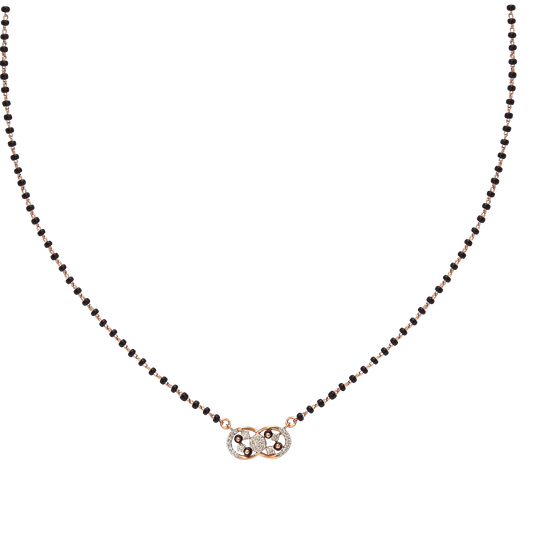 Delicate mangalsutra with a dual heart-shaped pendant encrusted with sparkling stones, strung on a black and gold beaded chain.
