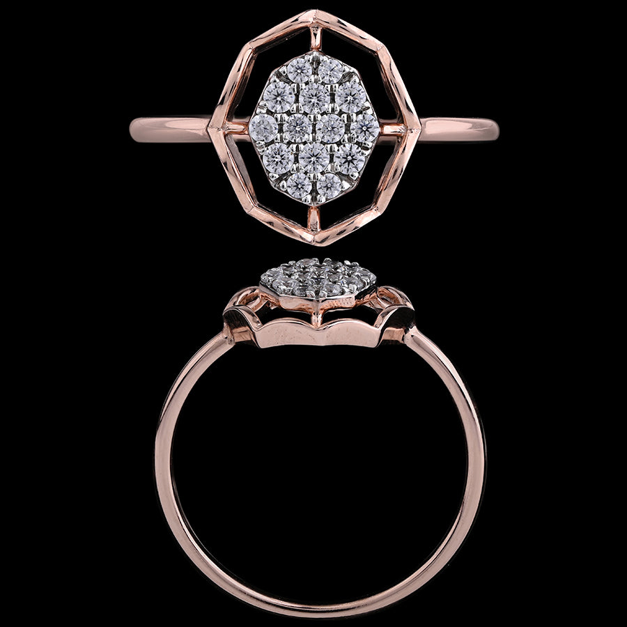Rose gold ring with an intricate geometric halo holding a brilliant cluster of diamonds at the center. A bold yet elegant statement piece by jnjbymadhuri.
