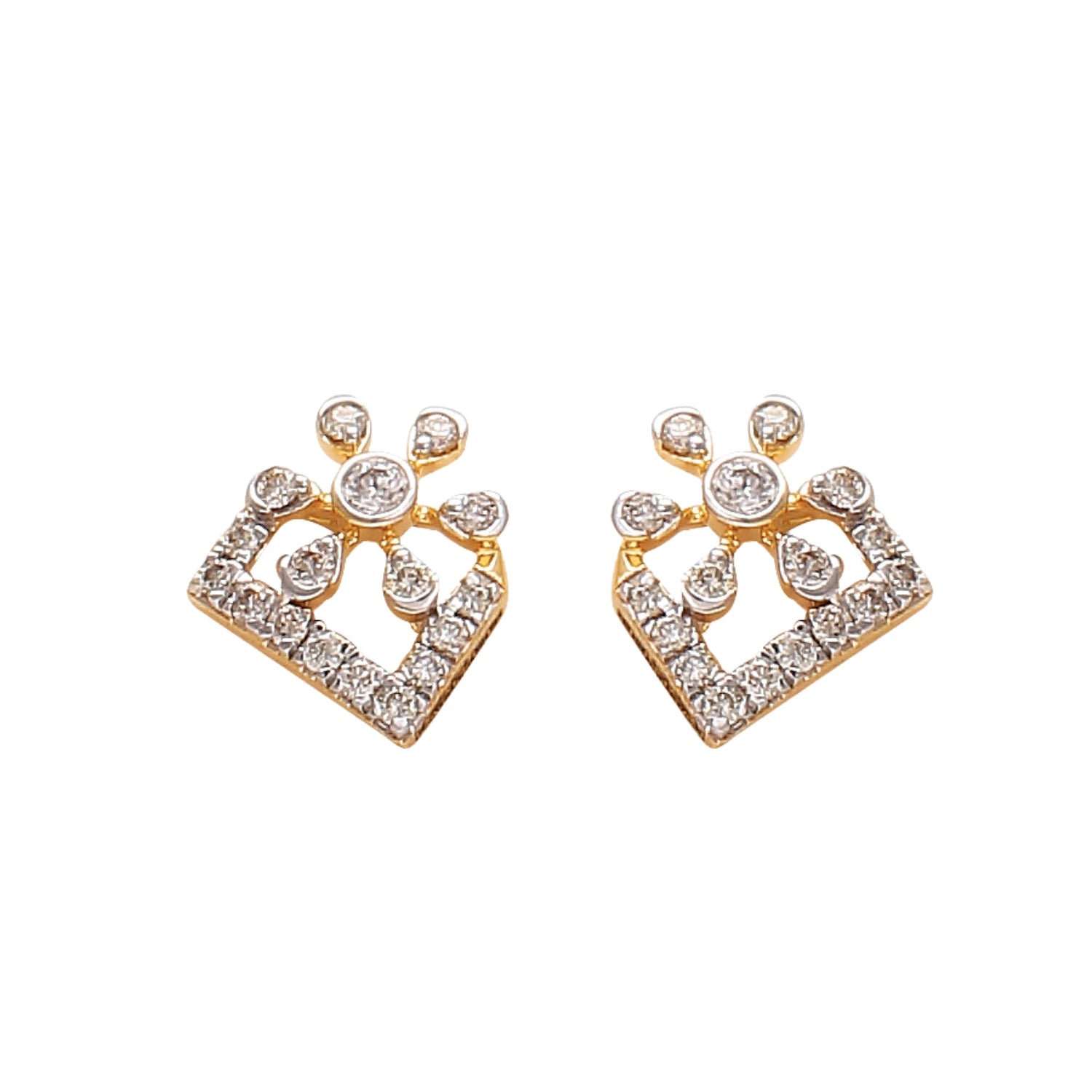 "Pair of modern geometric gold earrings featuring diamond embellishments in a rectangular and dot pattern, displayed on a white background by jnjbymadhuri."