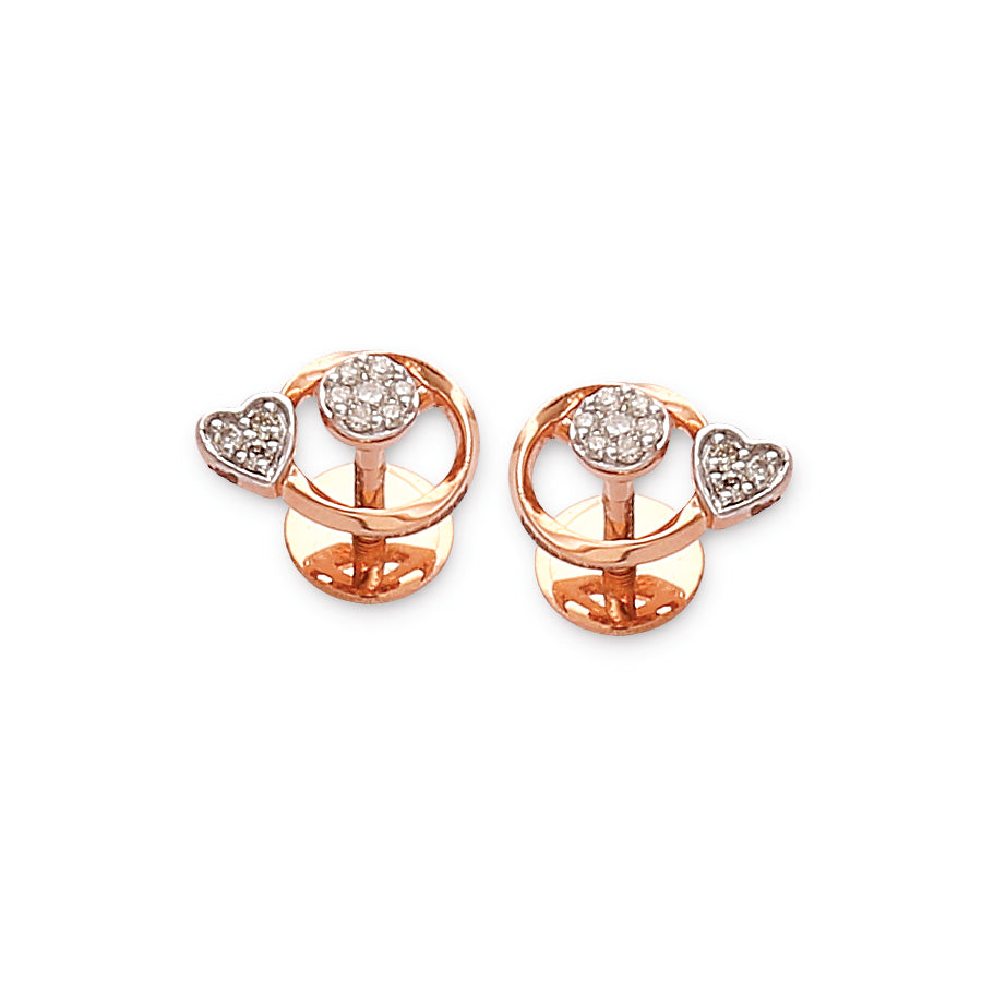Charming rose gold stud earrings featuring twin hearts embellished with sparkling diamonds in a delicate swirl design. A romantic statement piece by jnjbymadhuri.