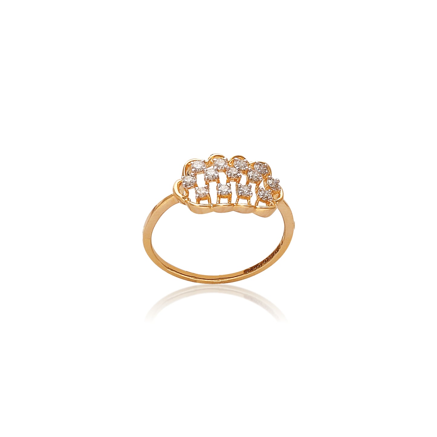 Contemporary gold ring by jnjbymadhuri featuring an intricate lattice-style design adorned with sparkling diamonds, photographed on a white background with a soft reflection.