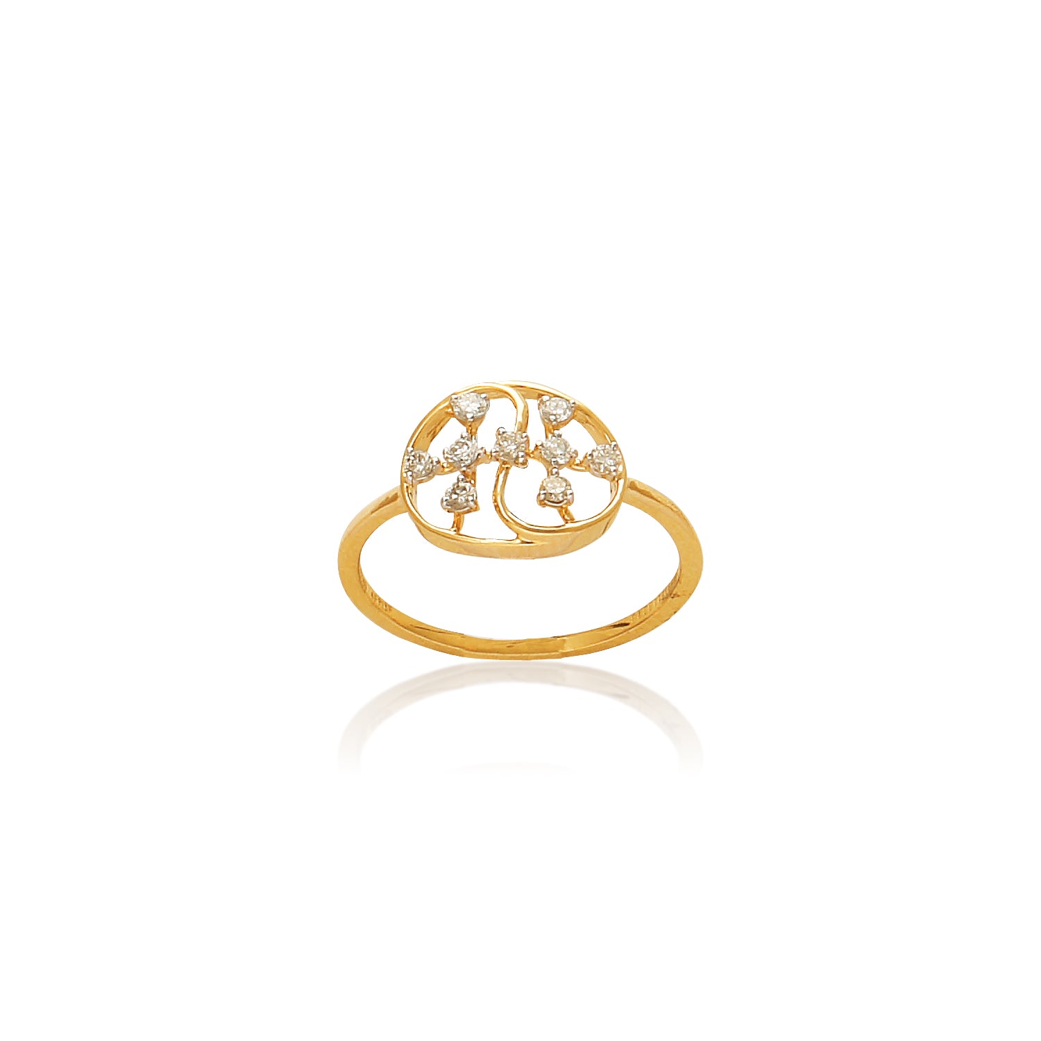 This ring features an intricate lattice-style design in yellow gold, accented with delicate diamonds for subtle brilliance. Its airy, openwork aesthetic blends tradition and modern elegance—another unique piece from jnjbymadhuri.