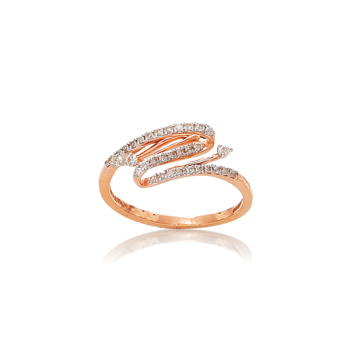 This ring from jnjbymadhuri showcases a modern spiral design that wraps elegantly around the finger. The rose gold band is accented with two rows of diamonds, adding brilliance and a fluid, dynamic look. It's a contemporary piece perfect for someone with a bold yet refined sense of style.