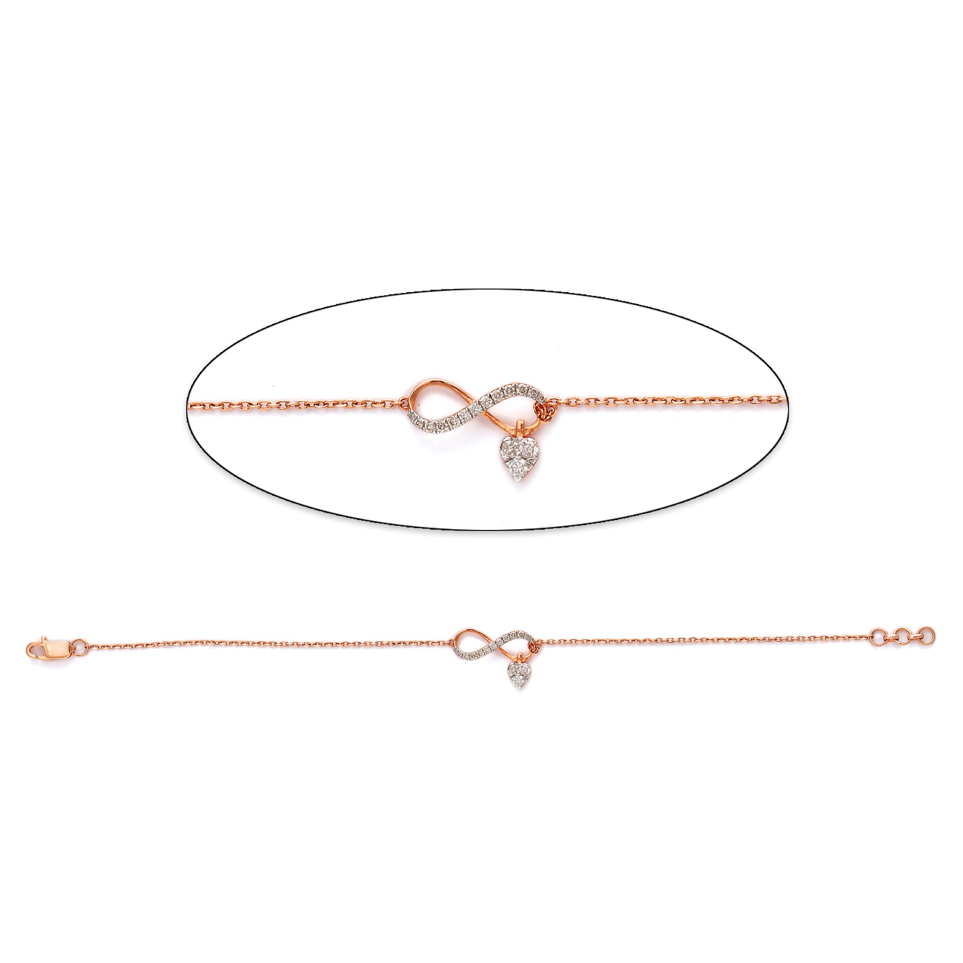 Graceful rose gold bracelet showcasing an elegant infinity symbol with a delicate heart-shaped drop charm. A timeless expression of love and elegance by jnjbymadhuri.