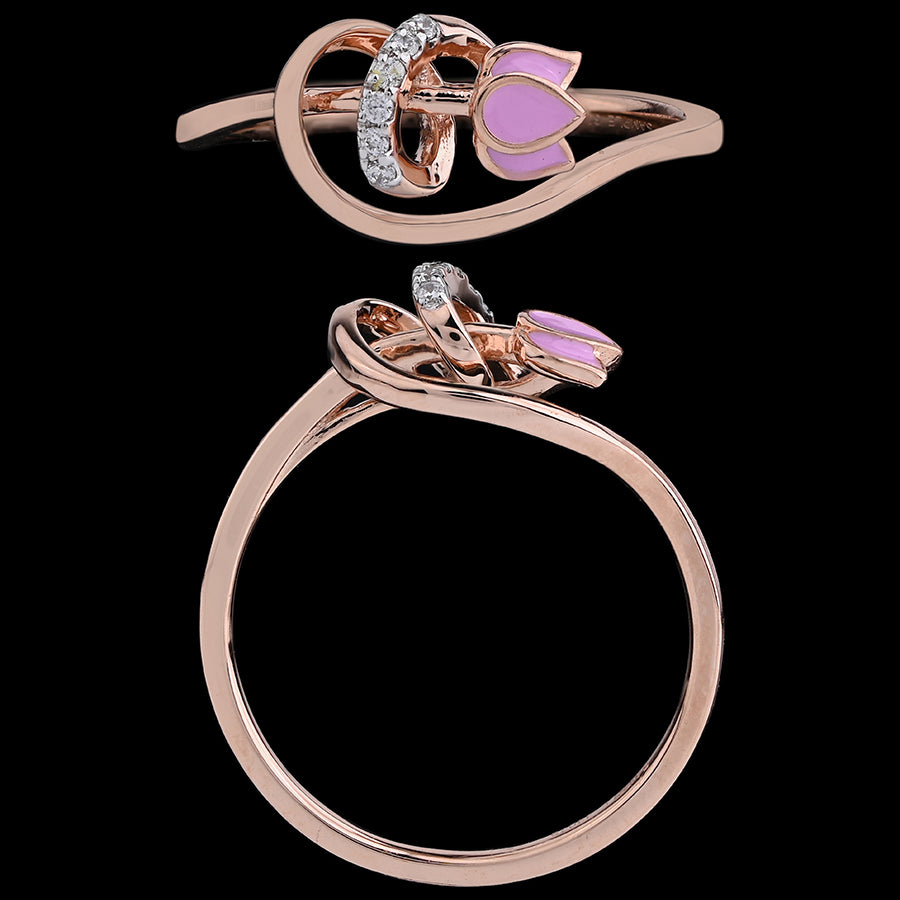 Delicate rose gold ring with a pink lotus enamel design and shimmering diamonds, blending elegance with symbolism. A graceful creation by jnjbymadhuri.