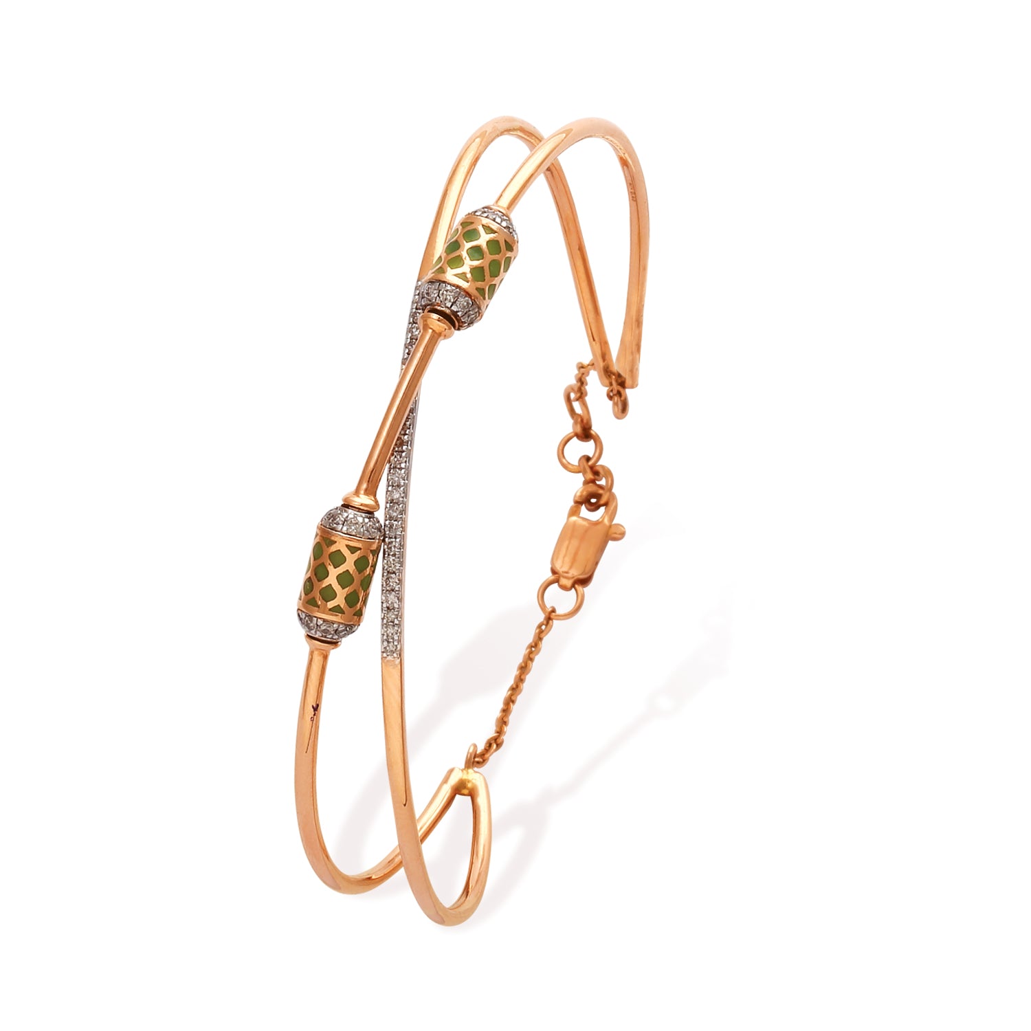 Elegant double-band rose gold bangle with diamond-studded accents and two intricate golden beads for a modern yet timeless appeal. A refined designer piece by jnjbymadhuri, perfect for elevating everyday or festive looks.