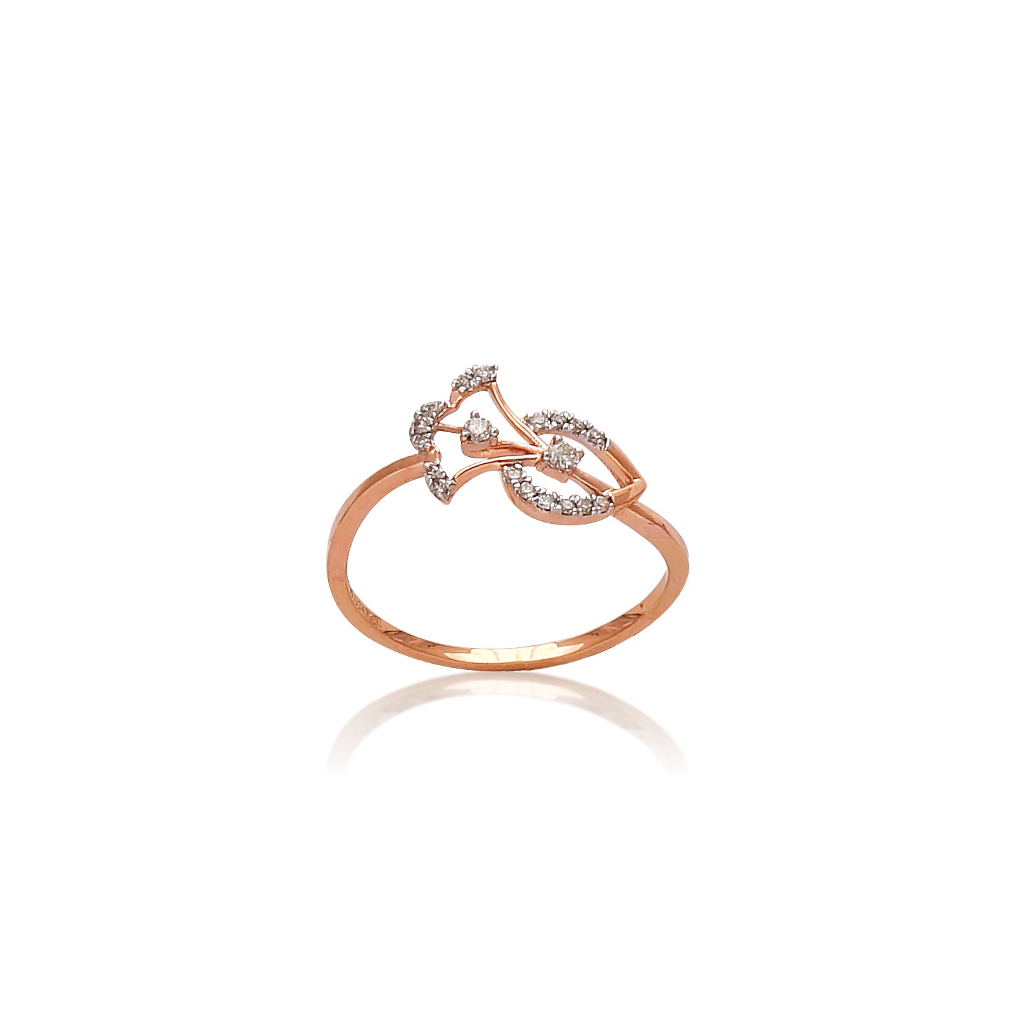 Delicate rose gold ring by jnjbymadhuri featuring a unique open design with two leaf-shaped motifs encrusted with small white diamonds, displayed on a white background with a soft reflection beneath.