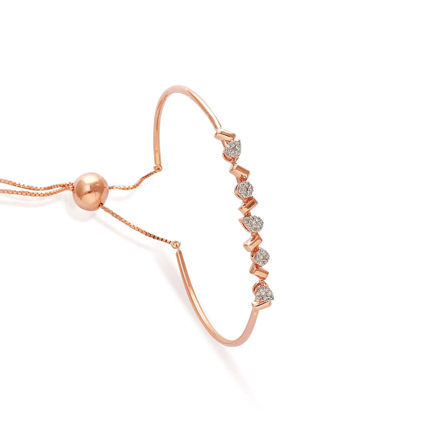Elegant rose gold adjustable bracelet adorned with a row of sparkling diamonds, blending simplicity and charm by jnjbymadhuri.