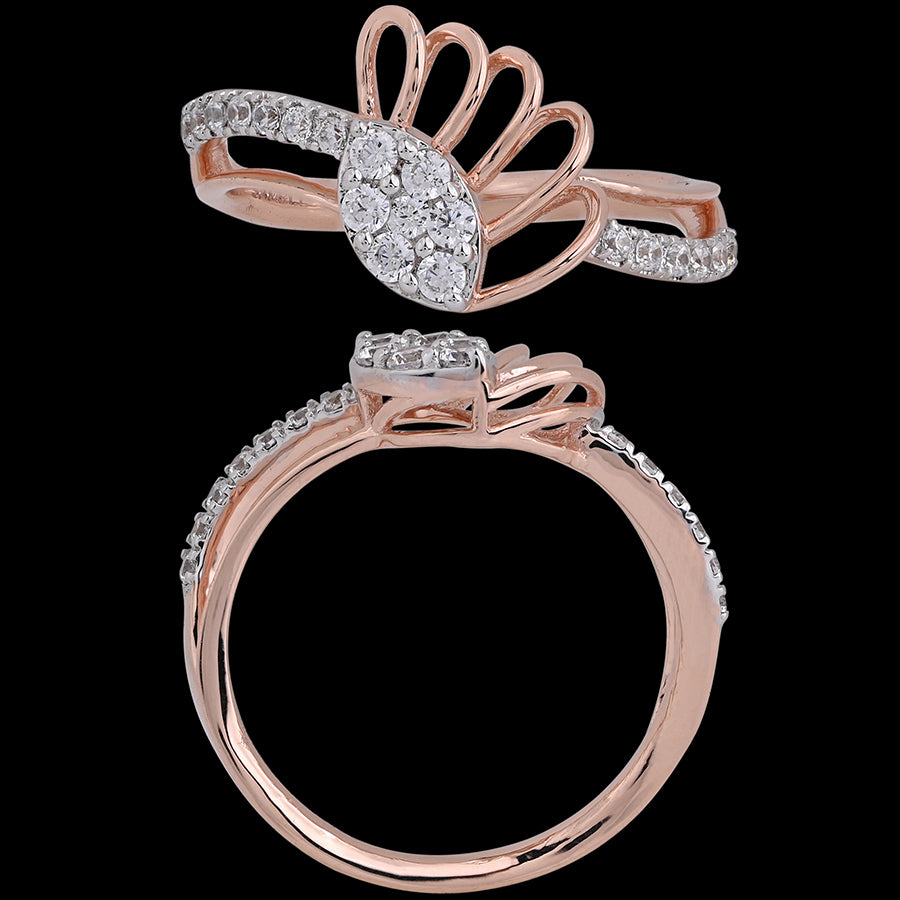 Rose gold ring with an artistic hand motif encrusted with shimmering diamonds, blending tradition with modern elegance. A statement piece from jnjbymadhuri.