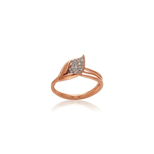 Elegant rose gold ring by jnjbymadhuri featuring a leaf-shaped design accented with sparkling diamonds on a polished split band.