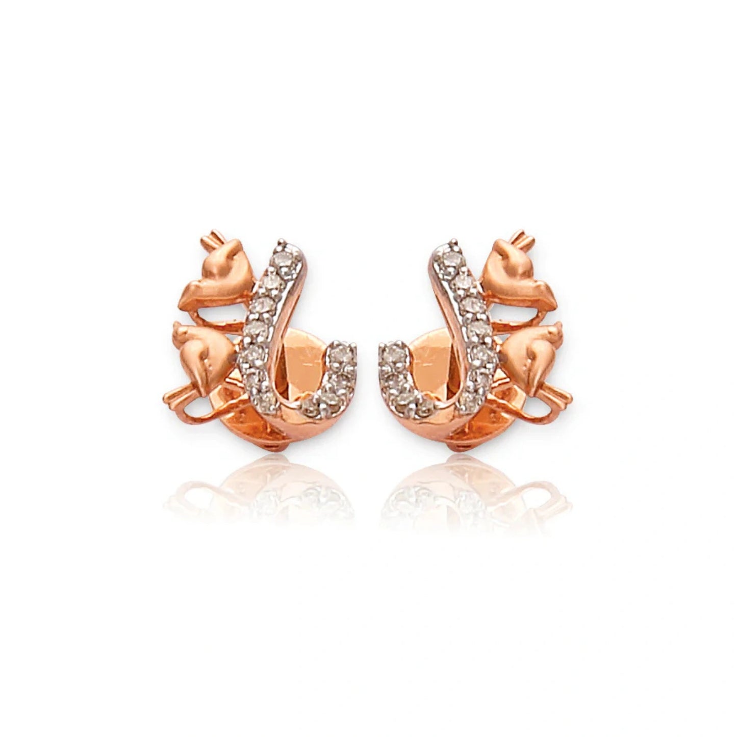 A pair of charming rose gold earrings from jnjbymadhuri, crafted in the shape of a playful cat nestled around a sparkling horseshoe design adorned with delicate white stones, blending whimsical elegance with luxurious detailing on a clean white background.