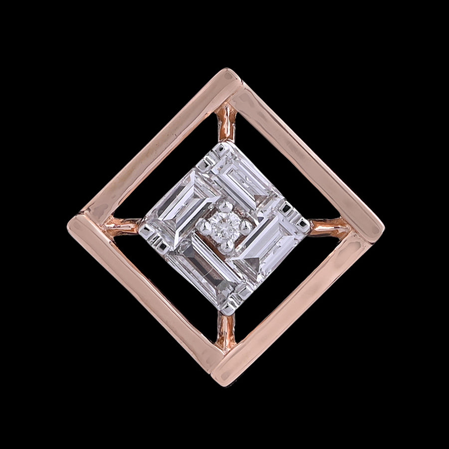 Close-up of a geometric square diamond pendant with rose gold frame by jnjbymadhuri, displayed against a solid black background.