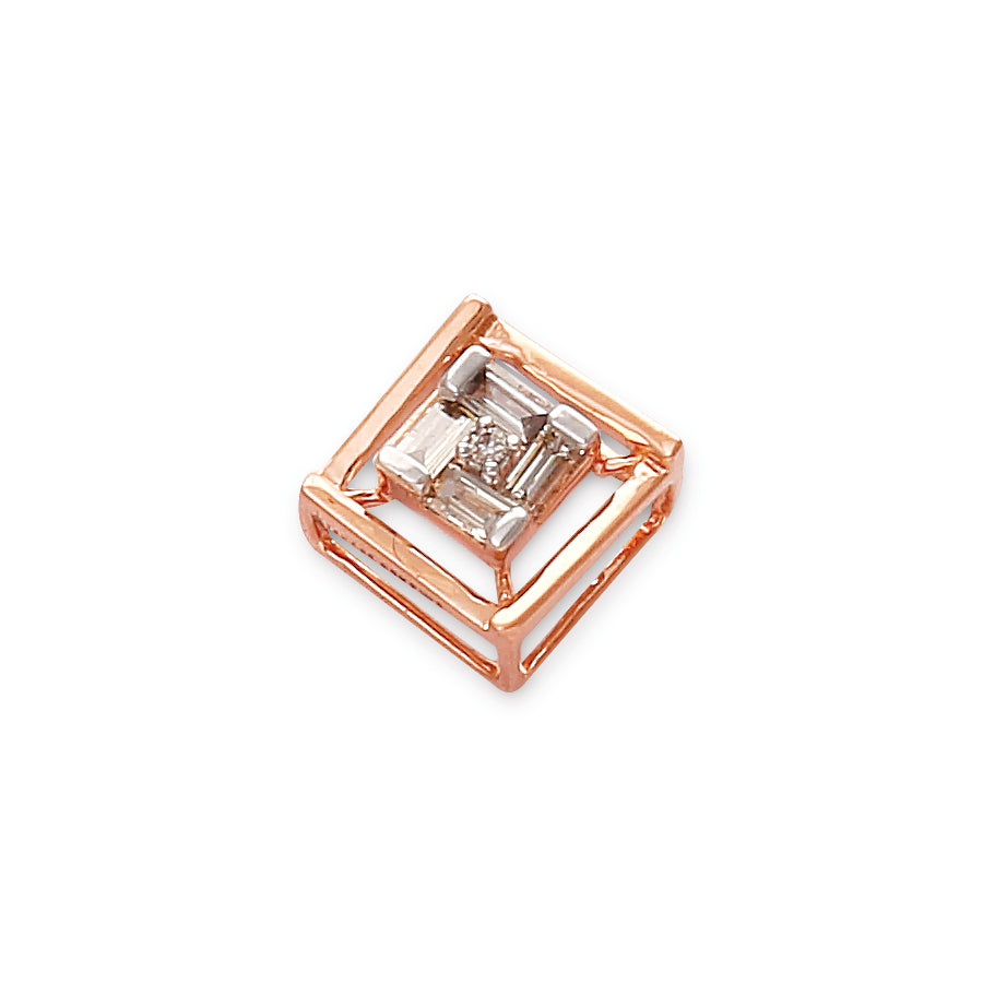Elegant rose gold geometric pendant featuring a square frame and a cluster of baguette and round diamonds in the center, designed by jnjbymadhuri, displayed on a white background