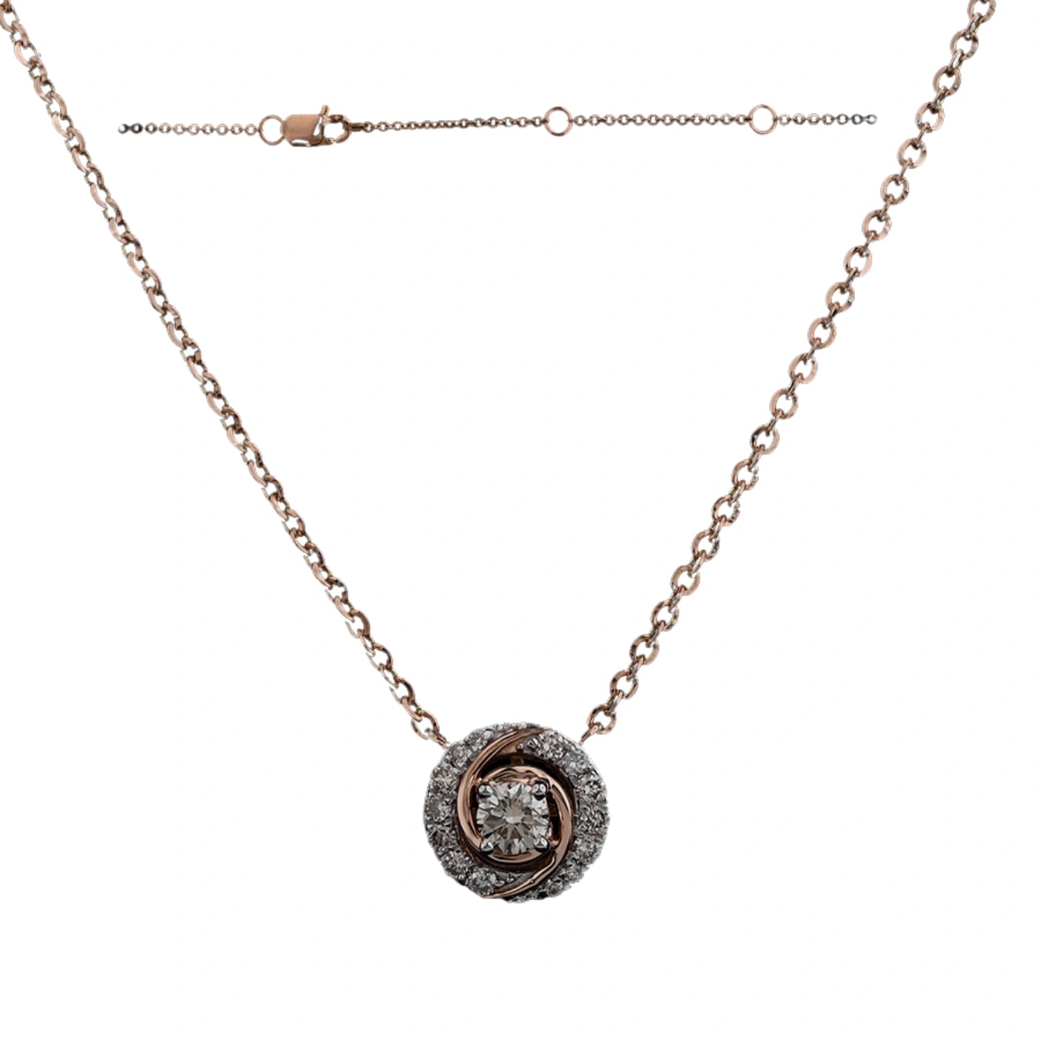 Rose gold necklace with a circular spiral pendant encrusted with diamonds, featuring a central sparkling stone, crafted by jnjbymadhuri, displayed on a white background.
