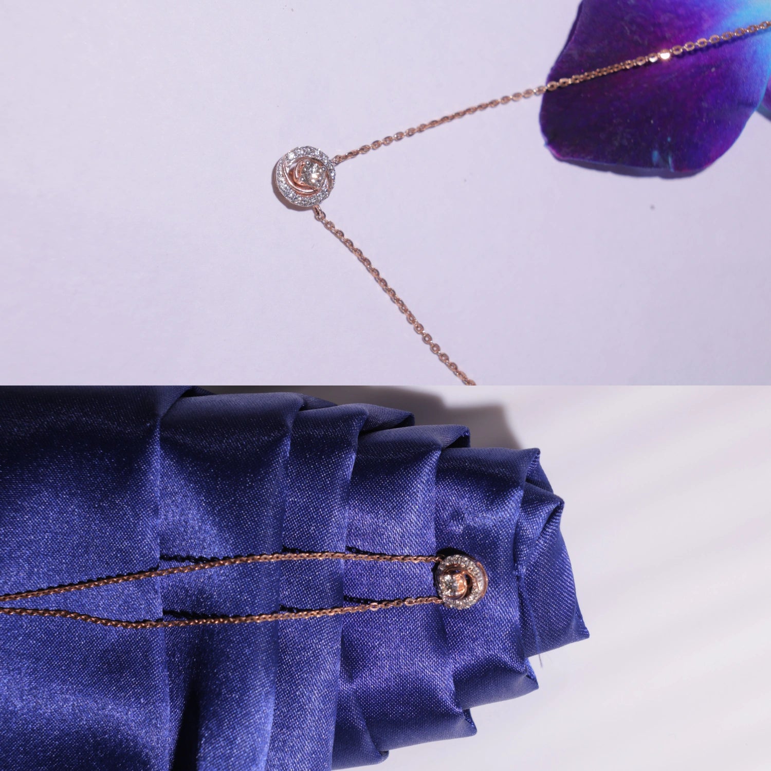 Stylish rose gold spiral diamond necklace by jnjbymadhuri, showcased in two artistic setups—one with a floral accent on a light background and the other elegantly placed on deep blue satin fabric.