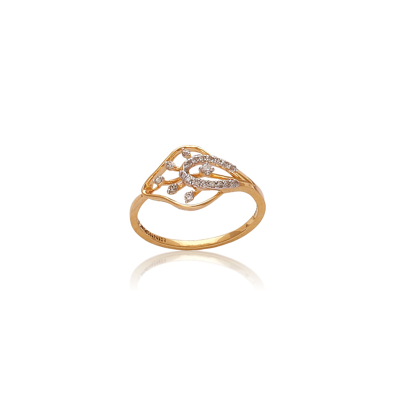 Elegant gold ring by jnjbymadhuri showcasing an abstract leaf-like design encrusted with small diamonds, set against a white background with a soft reflection.
