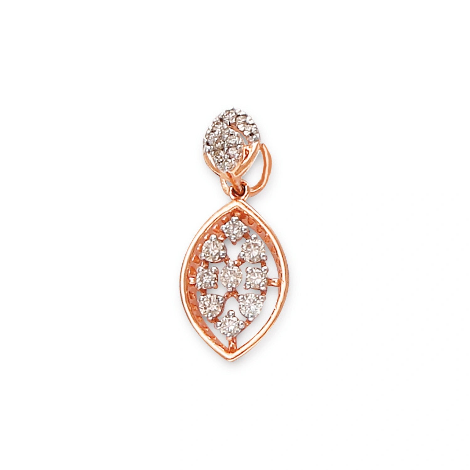 Elegant marquise-shaped pendant with a rose gold frame, encrusted with a cluster of sparkling diamonds, and a round diamond-studded bail at the top.