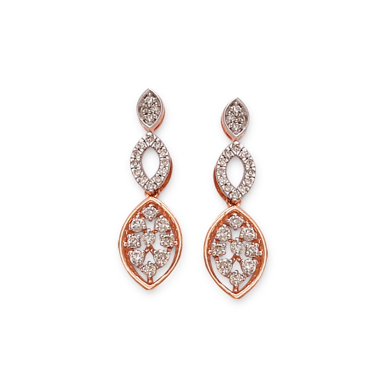 Exquisite drop earrings by jnjbymadhuri, crafted in rose gold with a dual marquise-shaped design encrusted with sparkling white stones, set against a clean white background.