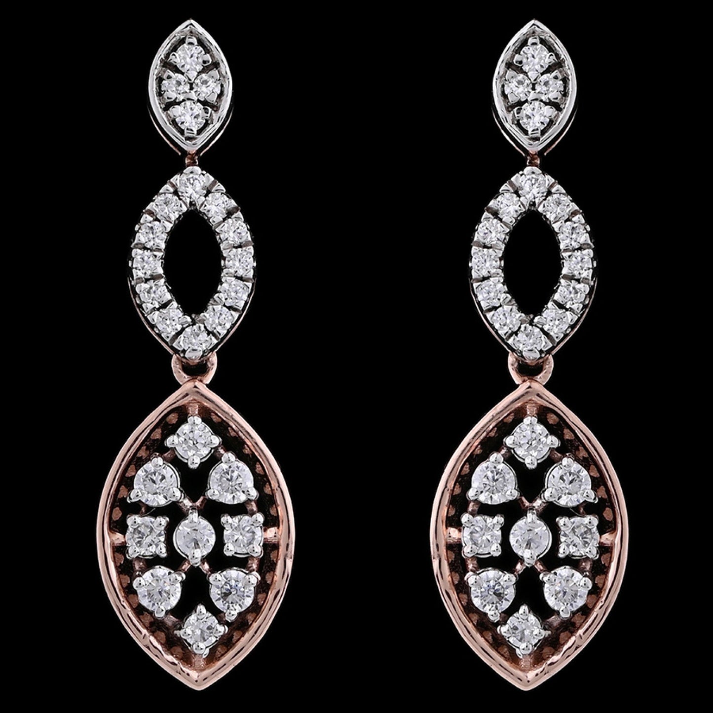 "Rose gold and white stone drop earrings by jnjbymadhuri, featuring a triple marquise-shaped design with intricate floral stonework, displayed against a black background."