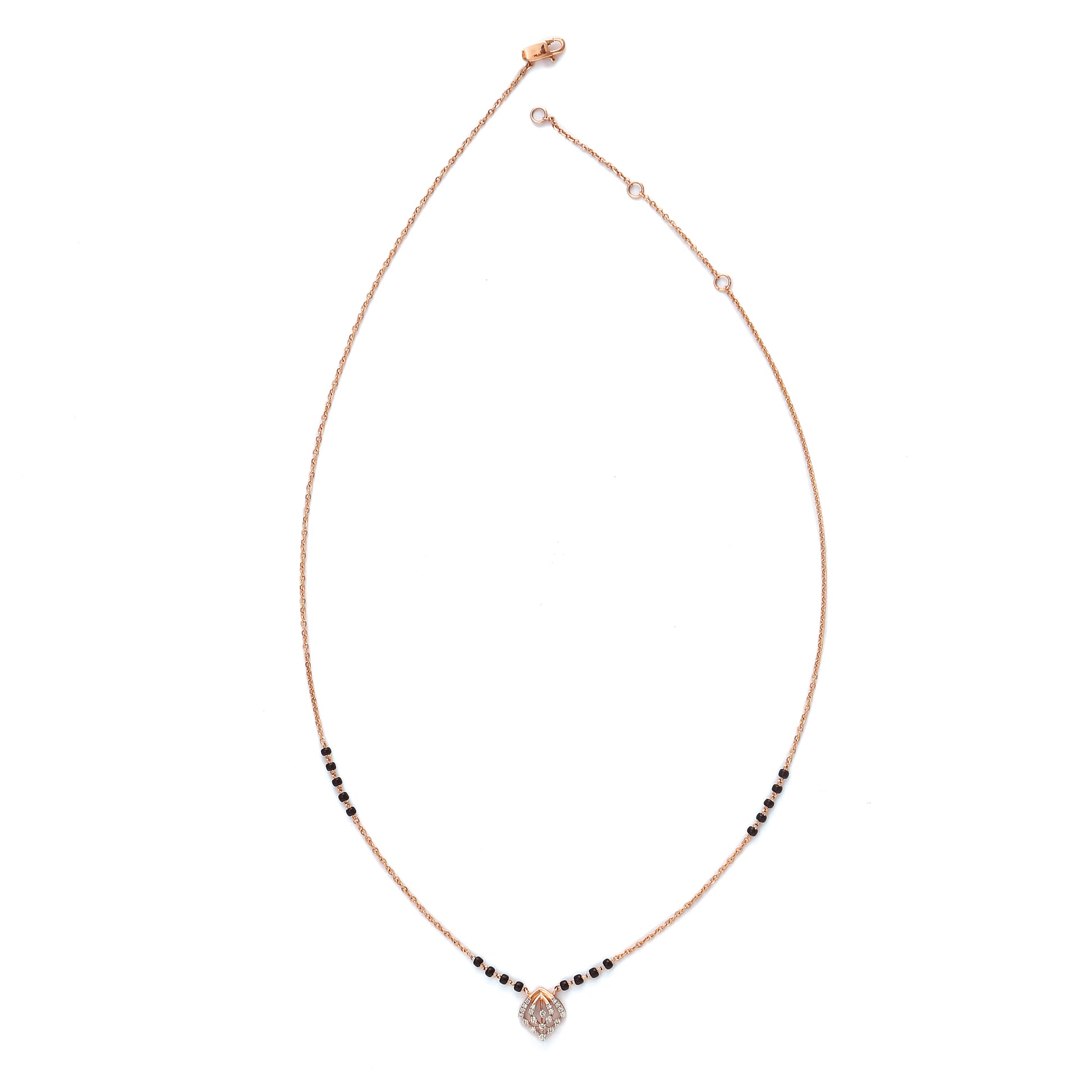 Contemporary mangalsutra with a sleek black and gold beaded chain, featuring a diamond-shaped pendant for a modern twist. Designed with elegance and simplicity by jnjbymadhuri.