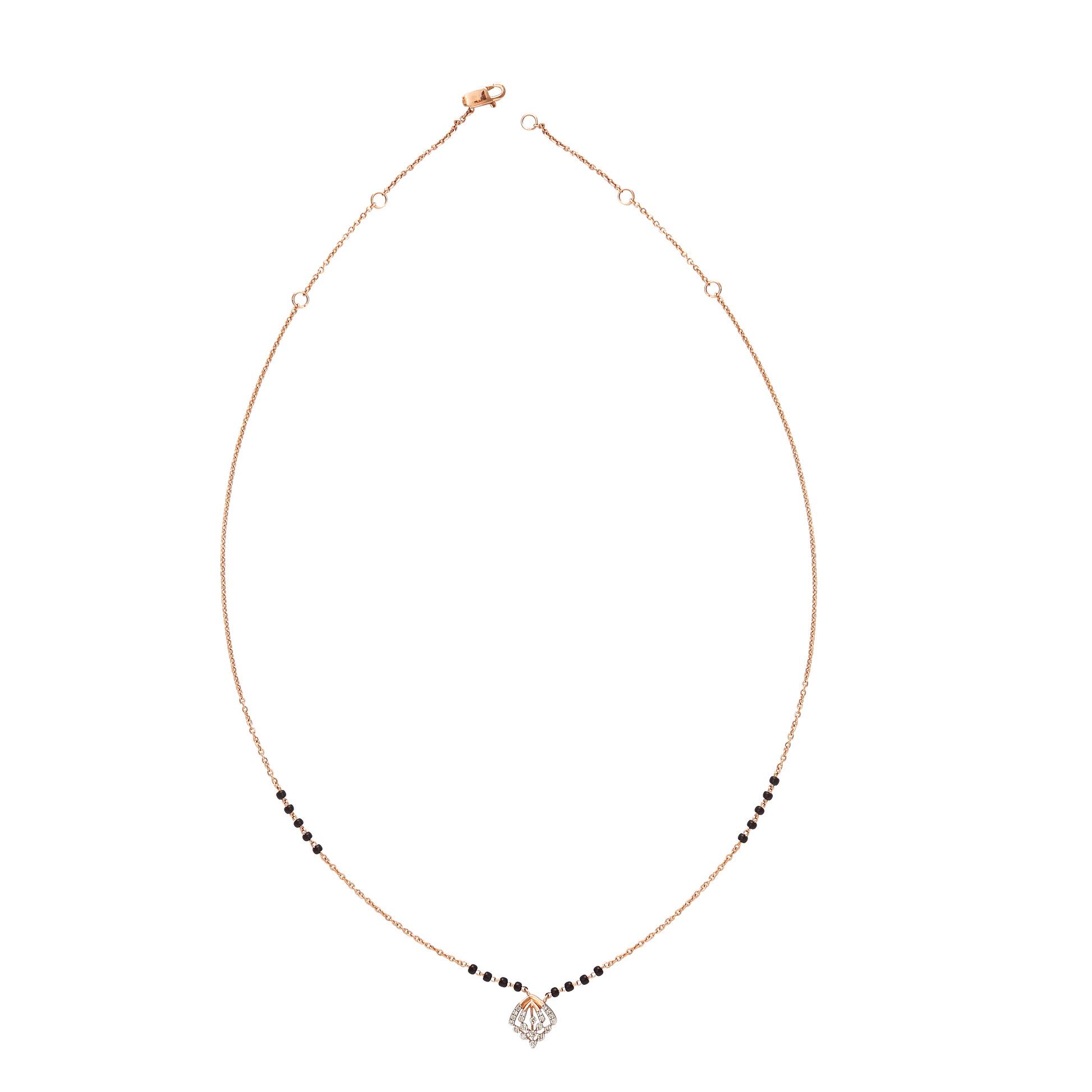 Contemporary mangalsutra with a sleek black and gold beaded chain, featuring a diamond-shaped pendant for a modern twist. Designed with elegance and simplicity by jnjbymadhuri.