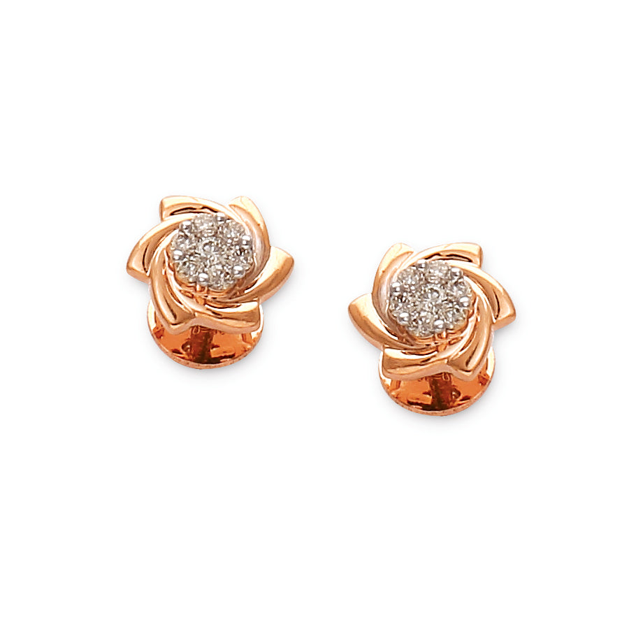 Charming rose gold stud earrings designed in a blooming floral pattern with a cluster of shimmering diamonds. A romantic and elegant creation by jnjbymadhuri.