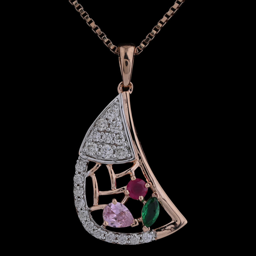 Close-up view of a jnjbymadhuri pendant necklace featuring a rose gold crescent design adorned with sparkling white stones and colorful gemstones in pink, red, and green, suspended from a fine chain and showcased against a black background for a striking contrast.