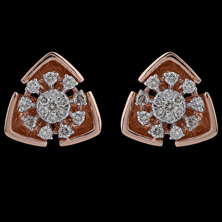 Elegant rose gold stud earrings featuring a radiant floral pattern with diamond-studded petals, exuding timeless sophistication. A refined and graceful accessory handcrafted by jnjbymadhuri.