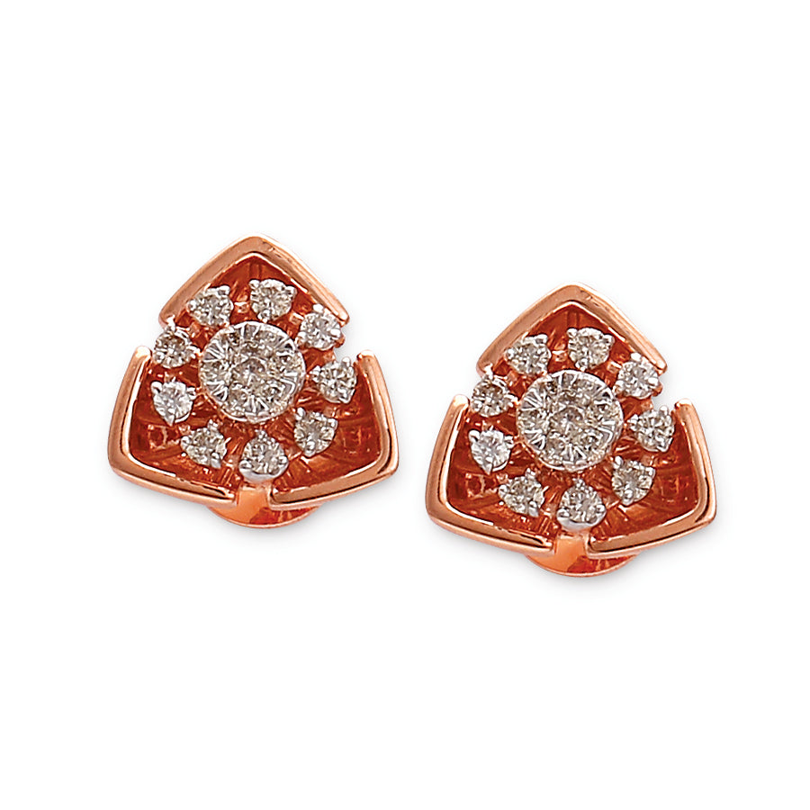 Intricately designed floral stud earrings with a rose gold base and shimmering diamond accents, radiating grace and charm. A timeless creation by jnjbymadhuri, ideal for both festive and casual elegance.