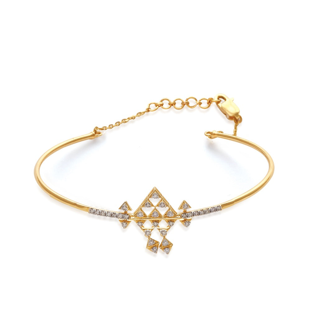 Contemporary gold bracelet featuring an intricate geometric diamond-shaped centerpiece adorned with sparkling stones and a sleek adjustable chain — jnjbymadhuri.